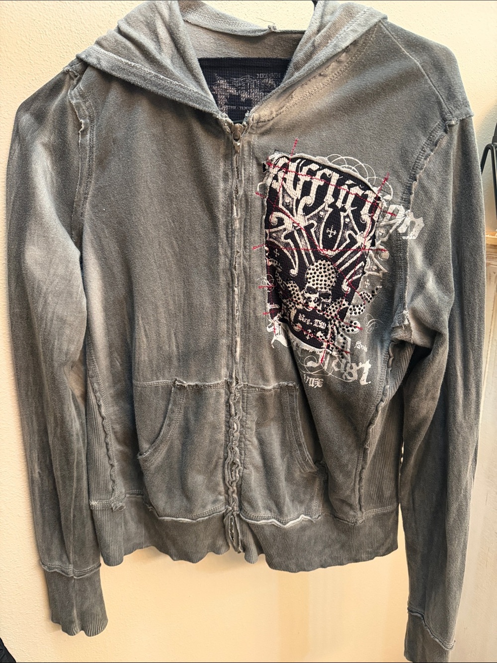 Affliction Gray Distressed Zip-Up Hoodie with Skull Patch